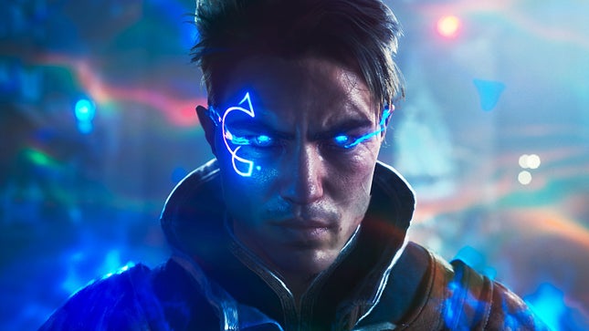 The image shows a CG character with a glowing tattoo on his face. 